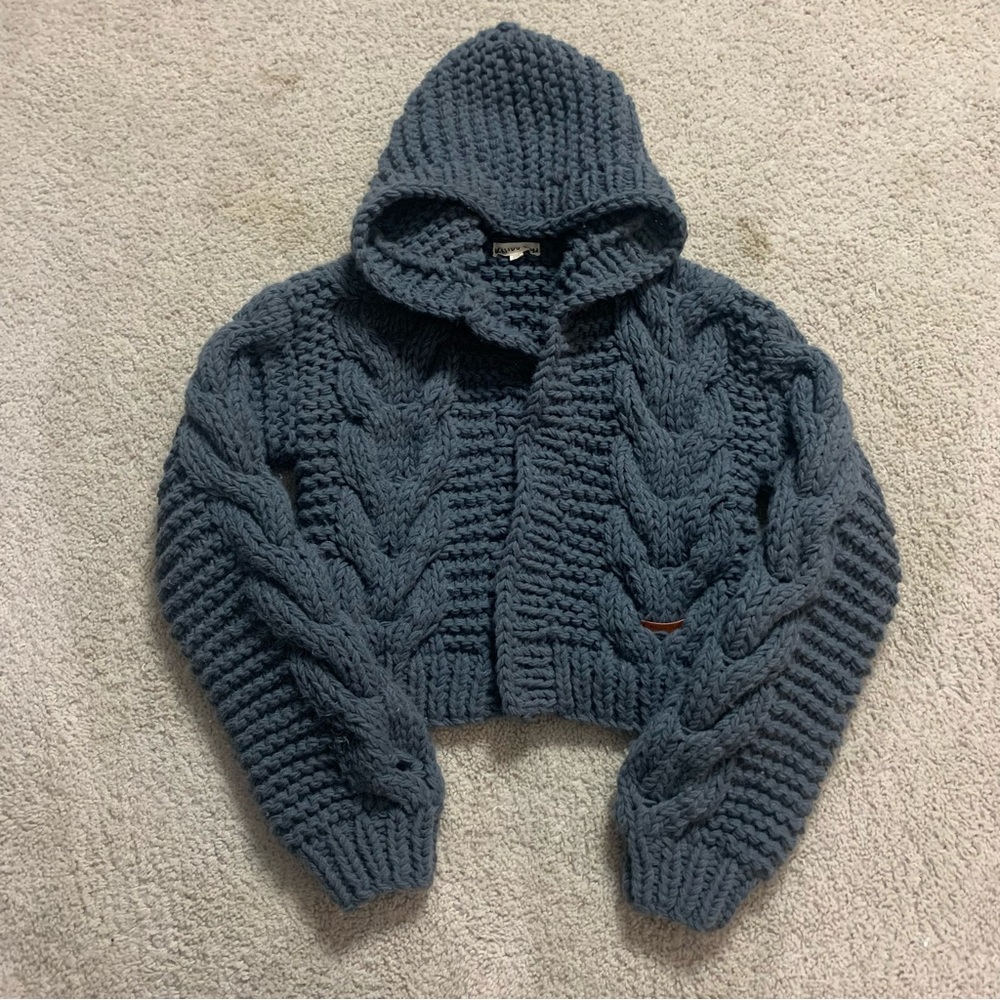 Women's MALIBU BUM Blue CHUNKY KNIT Hooded CROPPED Oversized CARDIGAN Sweater OS